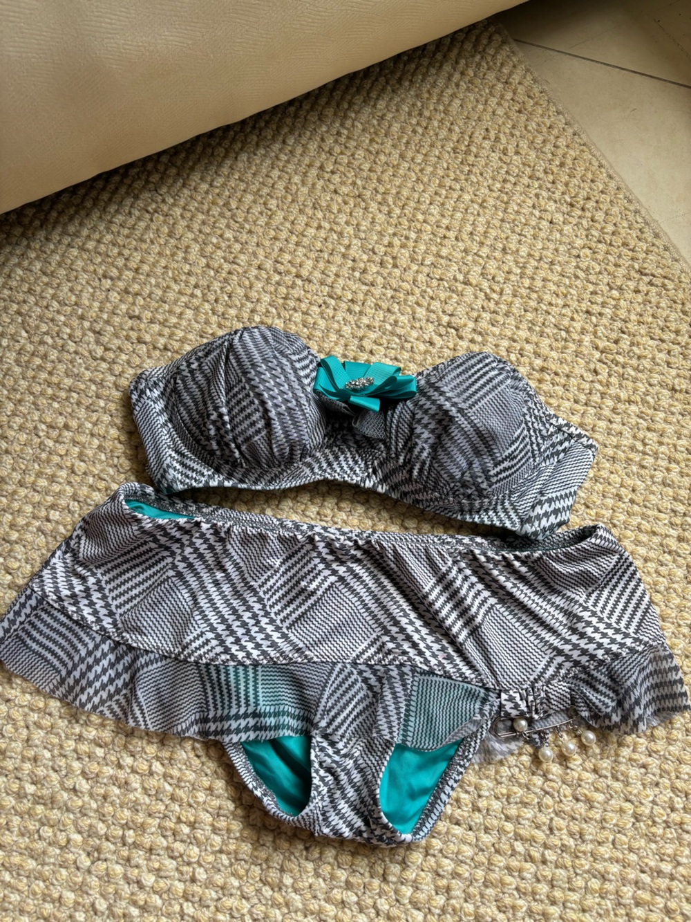 Betsey Johnson Houndstooth Grey and Turquoise Bikini Set